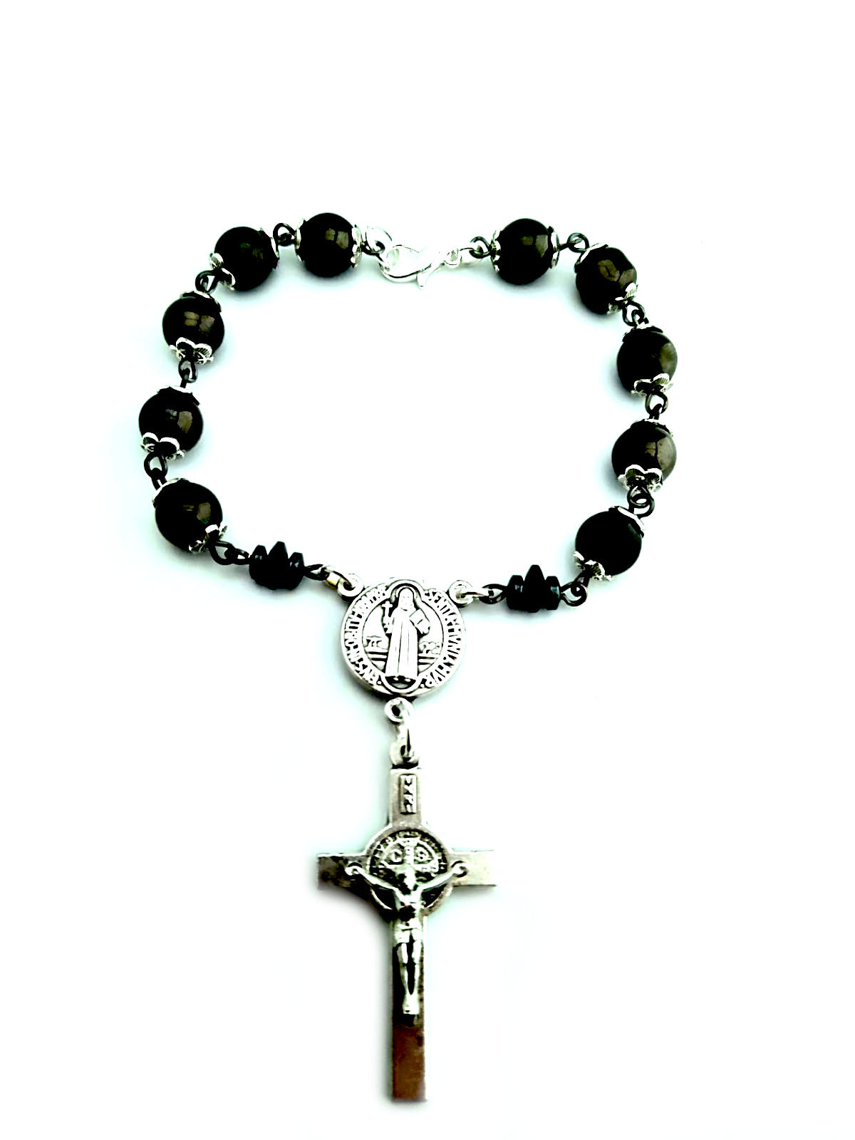 Mixed gemstone and glass single decade car visor rosary.