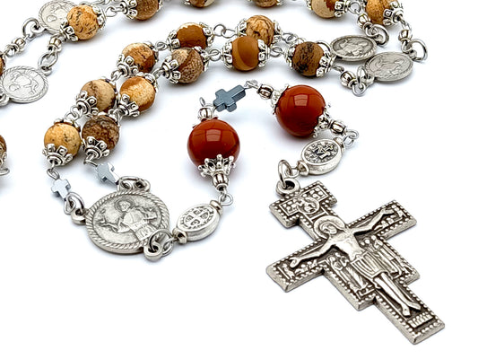 Saint Francis of Assisi unique rosary beads natural gemstone prayer chaplet with St Francis crucifix and prayer medals, Jasper gemstone prayer chaplet beads.