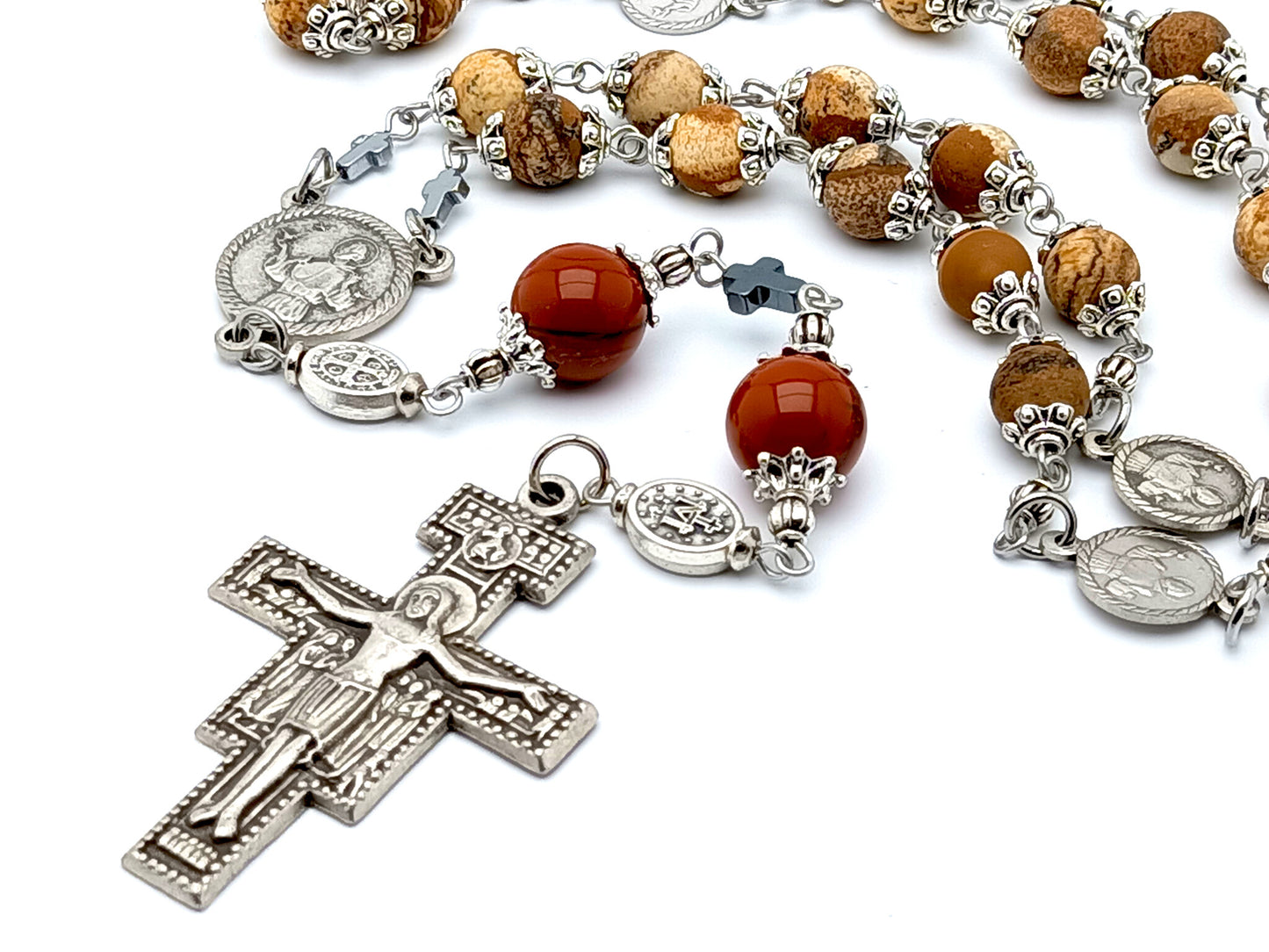 Saint Francis of Assisi unique rosary beads natural gemstone prayer chaplet with St Francis crucifix and prayer medals, Jasper gemstone prayer chaplet beads.