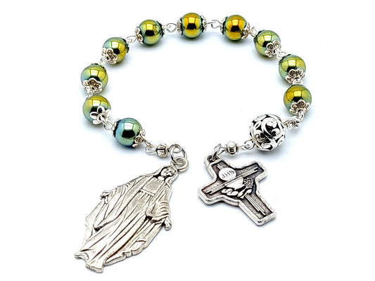 Our Lady of Grace unique rosary beads gemstone single decade rosary beads with Holy Communion cross medal.