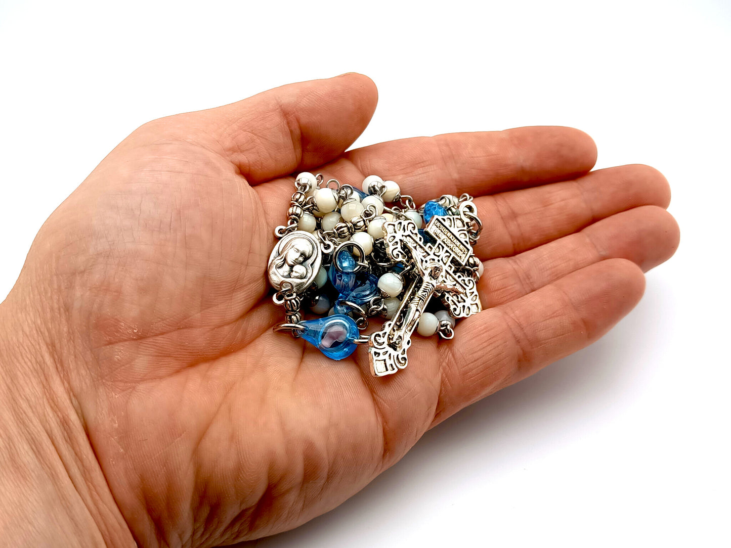 Pro Life unique rosary beads with unborn fetus teardrops and pearl beads, silver crucifix and Virgin and Child medal.