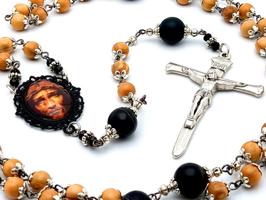 Holy face of Jesus unique rosary beads with wooden and onyx beads, silver nail crucifix and picture centre medal.