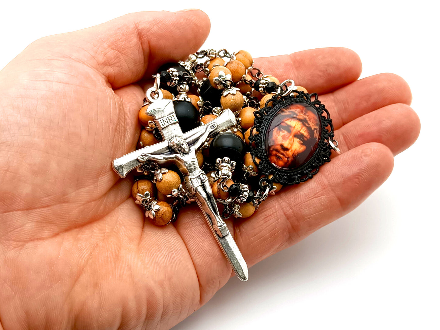 Holy face of Jesus unique rosary beads with wooden and onyx beads, silver nail crucifix and picture centre medal.
