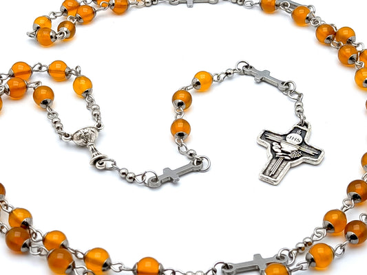Holy Communion unique rosary beads with orange agate gemstone beads, Holy Eucharist crucifx and chalice centre medal.