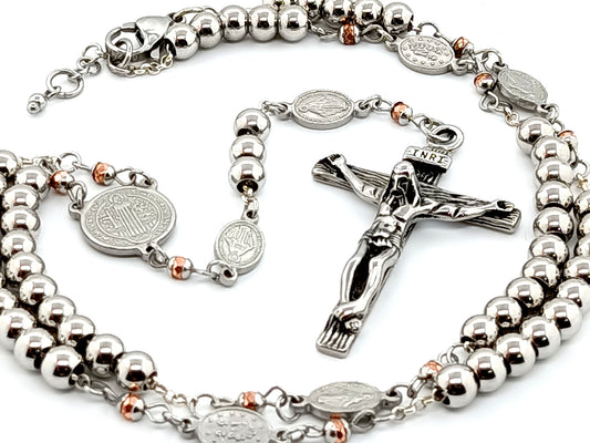 Saint Benedict unique rosary beads with genuine 925 sterling silver chain, stainless steel beads, medals and crucifix.