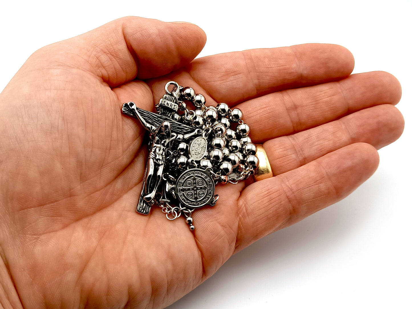 Saint Benedict unique rosary beads with genuine 925 sterling silver chain, stainless steel beads, medals and crucifix.