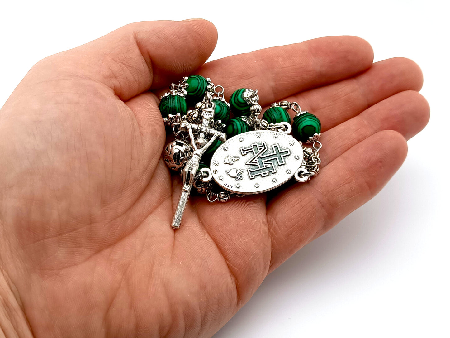 Miraculous Medal single decade rosary in malachite gemstone and silver.