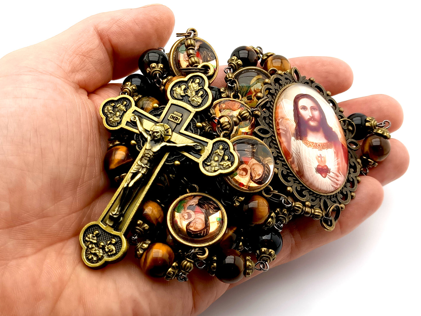 Sacred Heart unique rosary beads with tigers eye gemstone beads and Our Lady of Perpetual Help picture pater beads, bronze twelve apostles crucifix and picture centre medal.