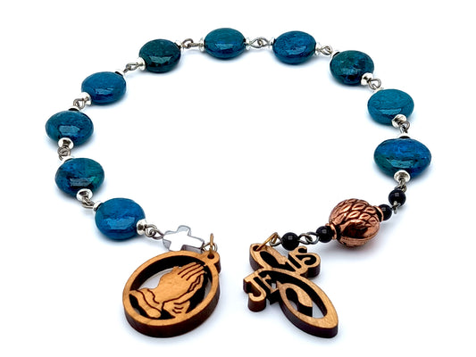 Praying Hands in olive wood and chrysocolla gemstone single decade tenner rosary beads, pocket rosaries.