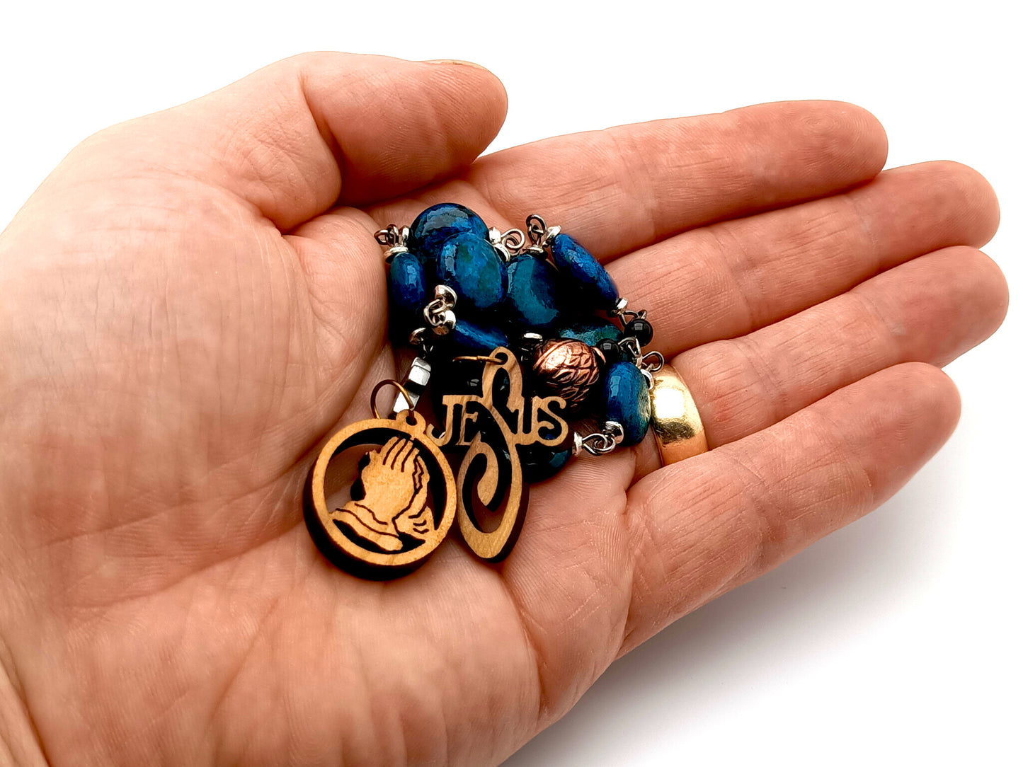 Praying Hands in olive wood and chrysocolla gemstone single decade tenner rosary beads, pocket rosaries.