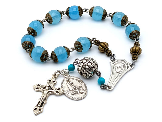 Vintage style Our Lady of Fatima blue single decade rosary beads with Fatima medal.