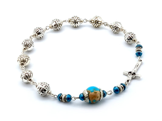 Saint Benedict crucifix single decade circular rosary with gemstone Our Father bead.