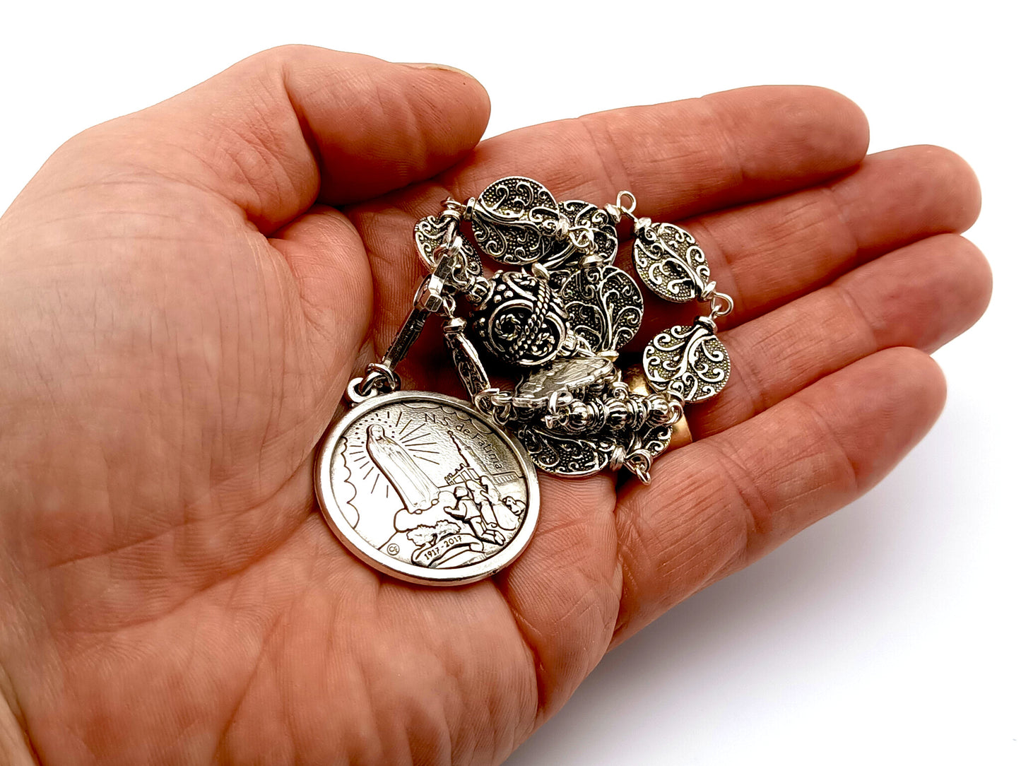 Our Lady of Fatima unique rosary beads single decade rosary beads with silver coin beads, Fatima centre medal, Saint benedict crucifix and Fatima centenary medal.