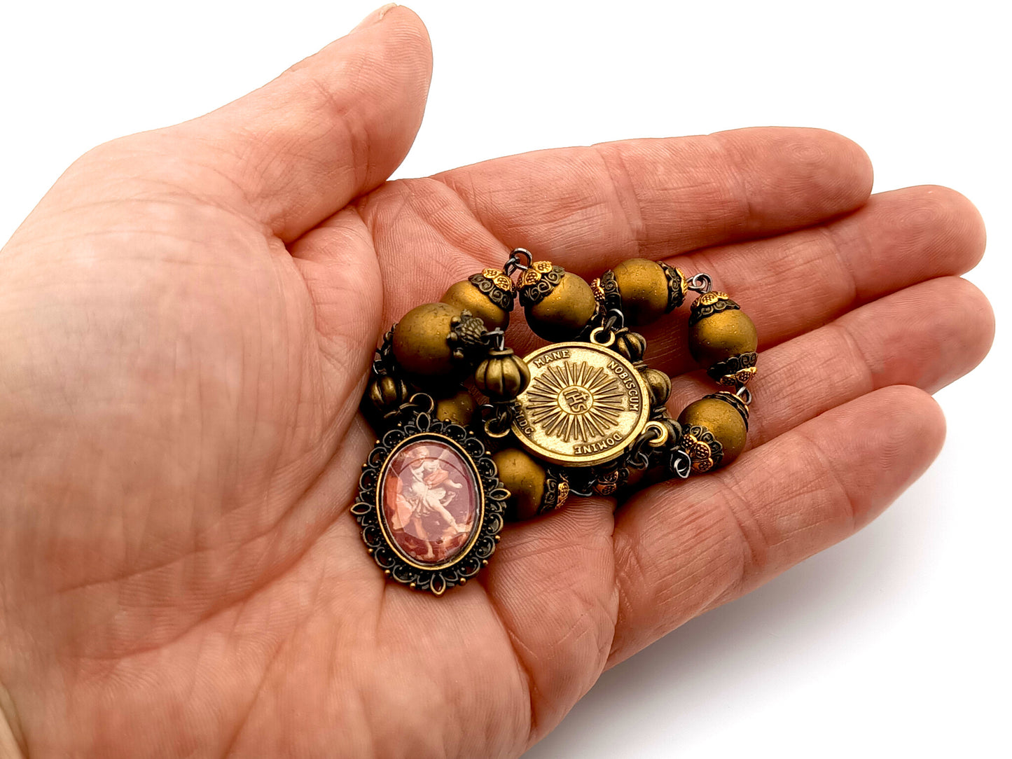 Saint Michael unique rosary beads single decade rosary with golden glass and bronze beads, bronze Holy Face centre medal and Saint Michael picture end medal.