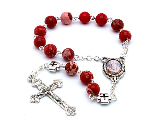The Ascension unique rosary beads single decade rosary with red jasper beads, silver crosses, picture centre medal and crucifix.