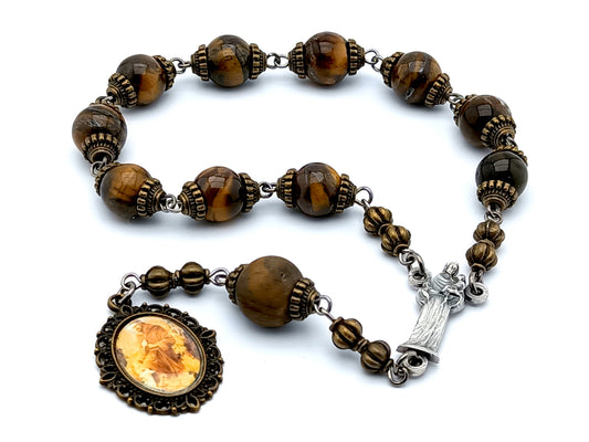 Saint Francis of Assisi unique rosary beads single decade rosary with tigers eye gemstone beads, silver statue centre medal and picture end medal.
