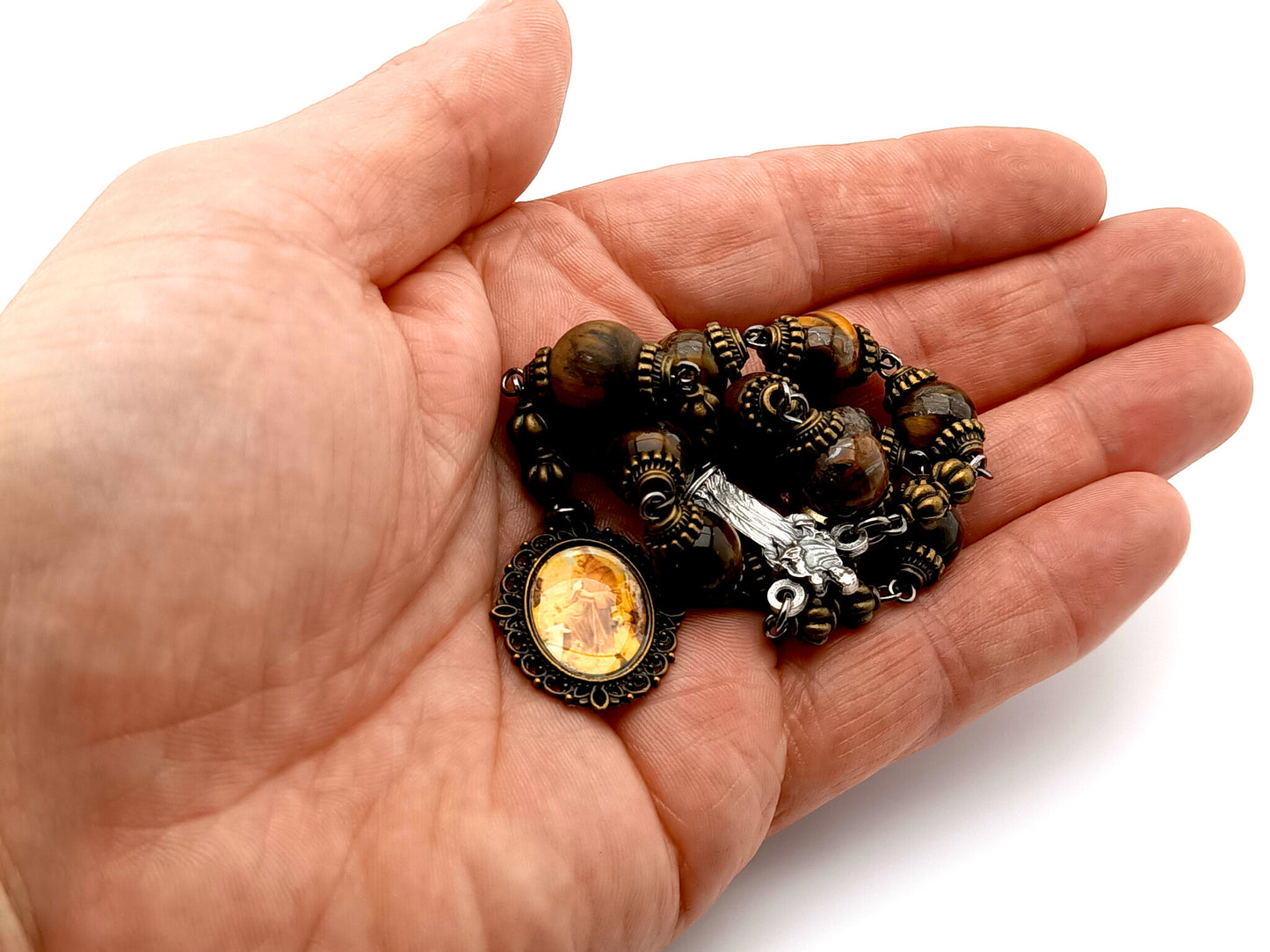 Saint Francis of Assisi unique rosary beads single decade rosary with tigers eye gemstone beads, silver statue centre medal and picture end medal.