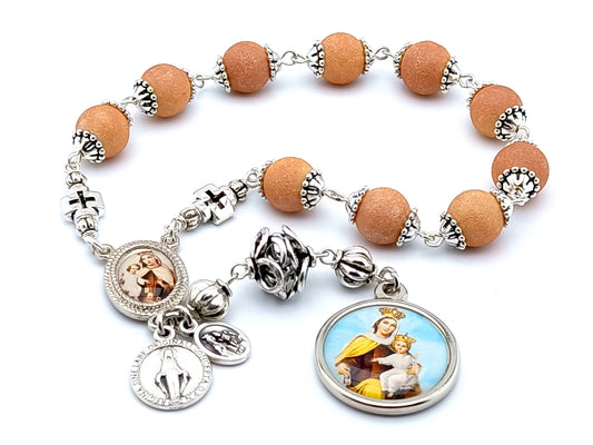 Our Lady of Mount Carmel unique rosary beads single decade rosary with buff glass and silver lattice beads, silver picture centre and end medals.