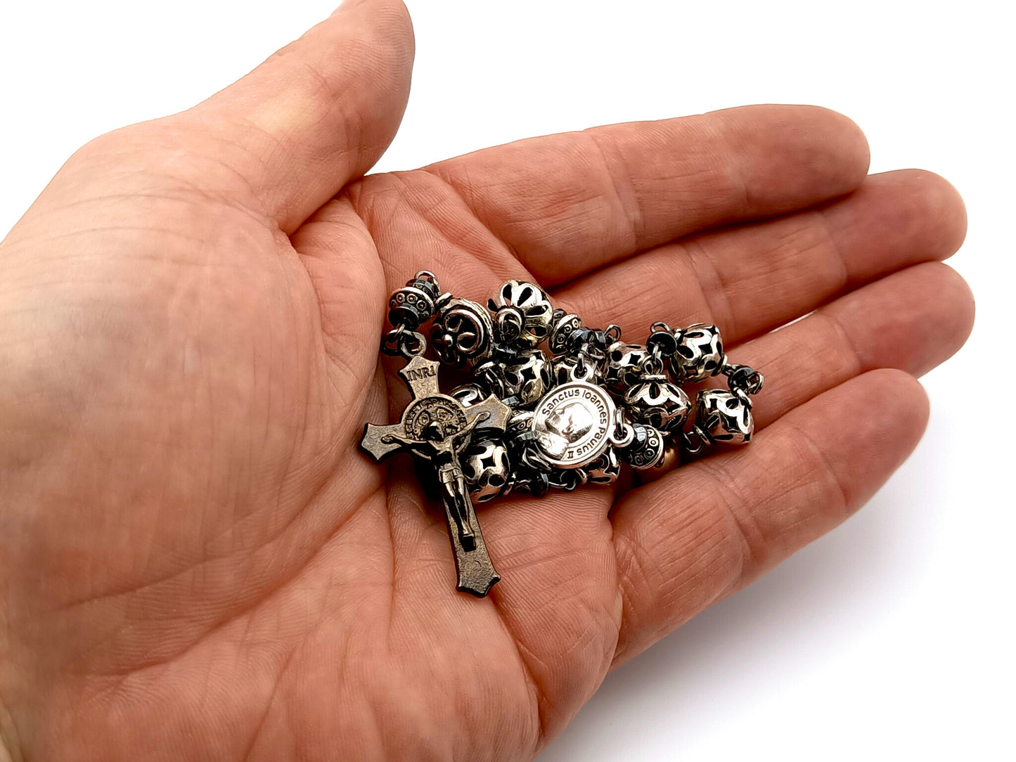 Saint John Paul II unique rosary beads single decade rosary with silver lattice beads, JPII centre medal and black Saint Benedict crucifix.