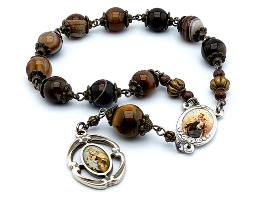 Our lady of Mount Carmel unique rosary beads single decade rosary with agate and tigers eye gemstone beads and silver centre and end medals.
