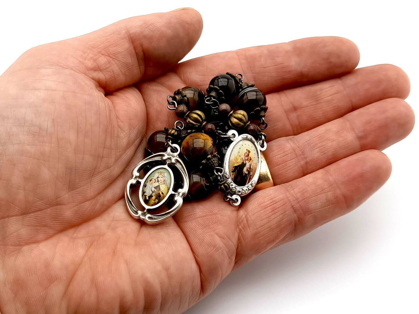Our lady of Mount Carmel unique rosary beads single decade rosary with agate and tigers eye gemstone beads and silver centre and end medals.