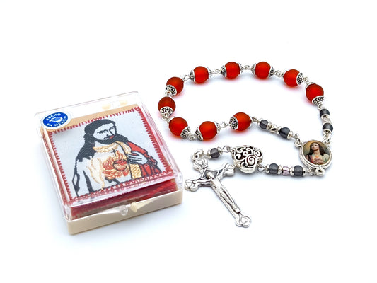 Sacred Heart unique rosary beads single decade rosary with red frosted glass and silver beads, silver crucifix and picture centre medal.