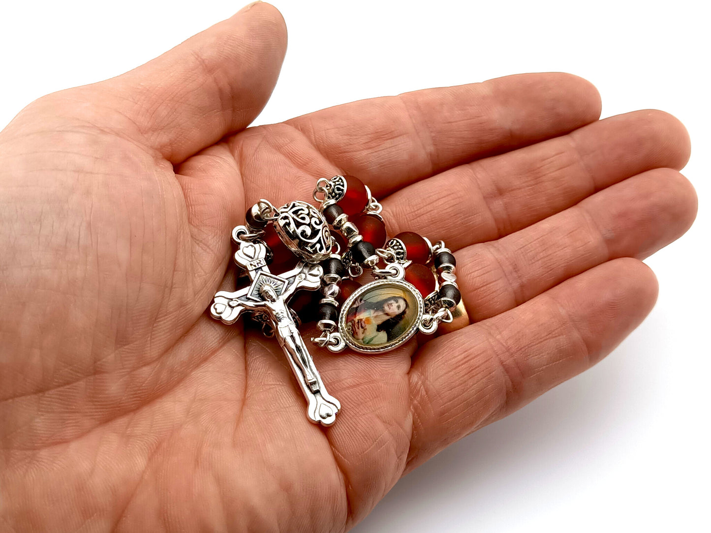 Sacred Heart unique rosary beads single decade rosary with red frosted glass and silver beads, silver crucifix and picture centre medal.