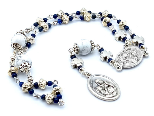 Saint Ann unique rosary beads prayer chaplet with lapis lazuli and howlite gemstone beads and silver centre end end medals.