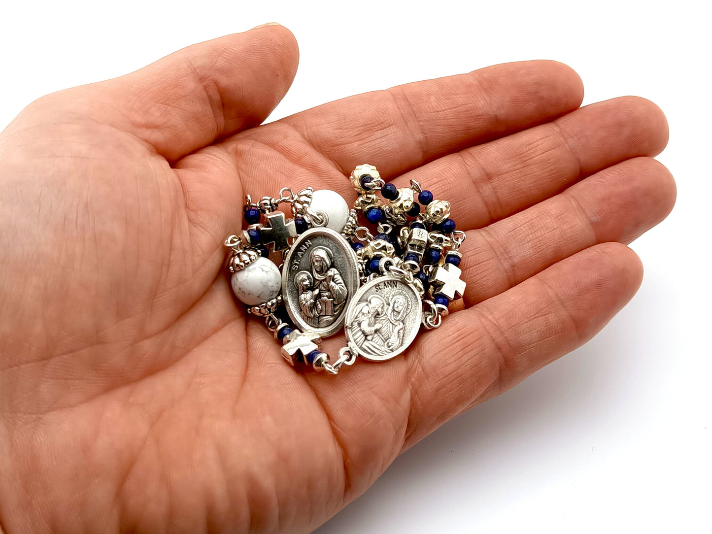 Saint Ann unique rosary beads prayer chaplet with lapis lazuli and howlite gemstone beads and silver centre end end medals.