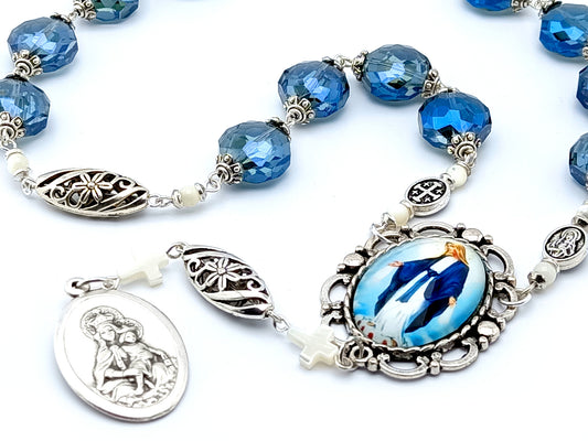The Immaculate Conception unique rosary beads prayer chaplet with blue faceted and silver beads, picture centre medal and brown scapular end medal.