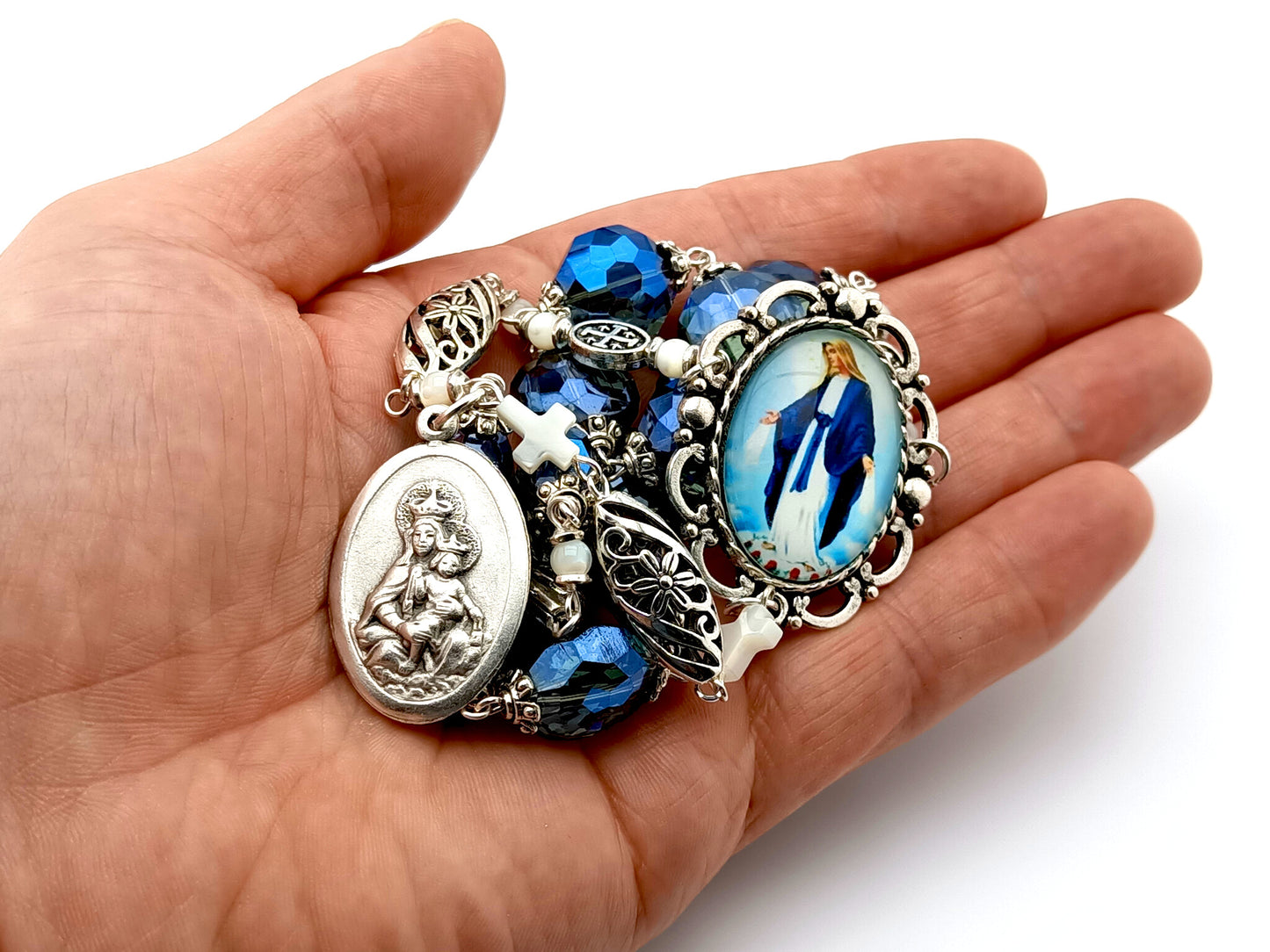 The Immaculate Conception unique rosary beads prayer chaplet with blue faceted and silver beads, picture centre medal and brown scapular end medal.