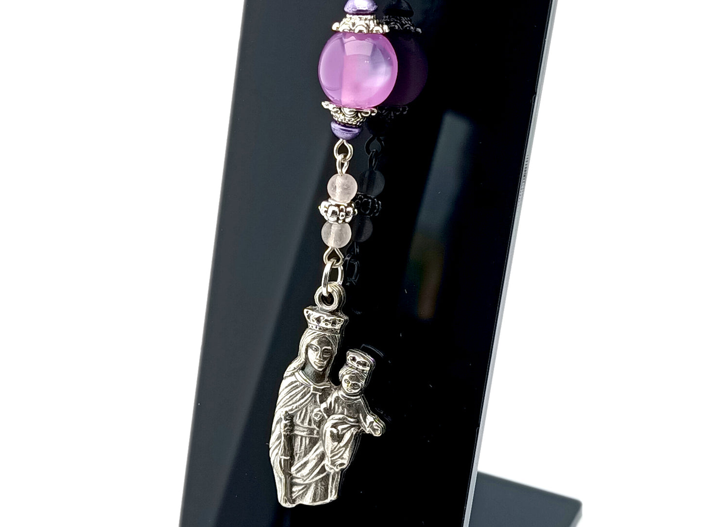 Our Lady of Mount Carmel unique rosary beads purse clip key chain with lilac glass bead, silver medal and lobster clasp.