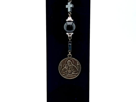 Blessed Sacrament unique rosary beads purse clip key chain with onyx and hematite cross beads, indulgence medal and loop ring.