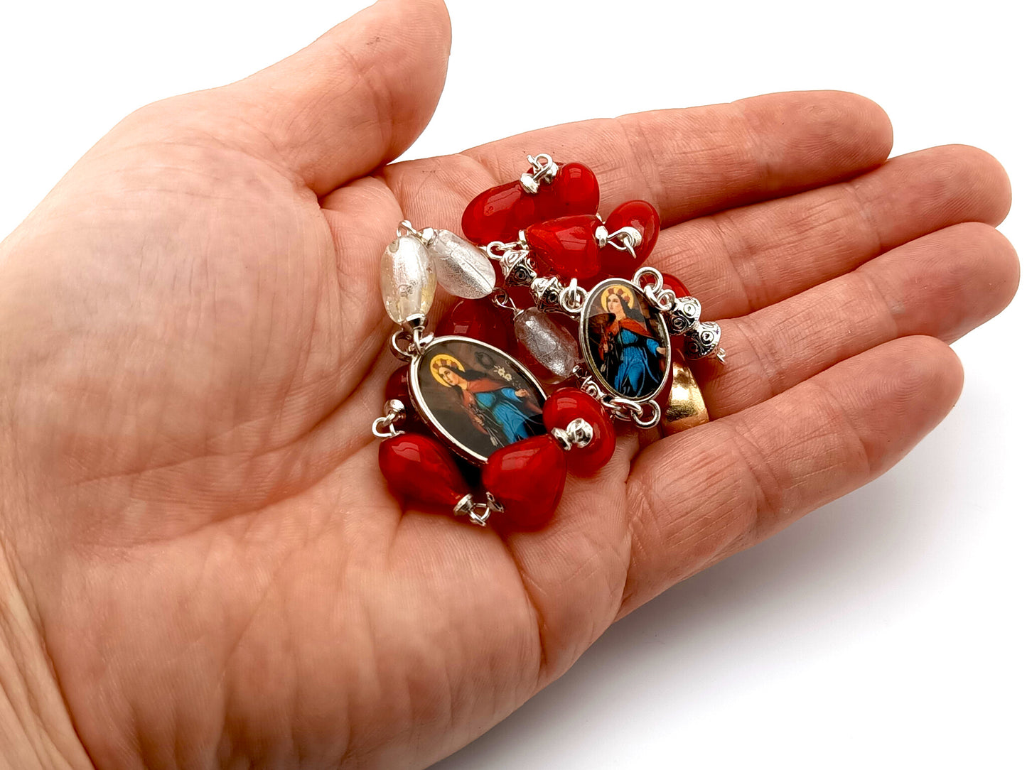 Saint Philomena unique rosary beads prayer chaplet with red and white glass heart beads and picture centre and end medals.