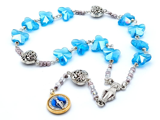 The Immaculate Conception unique rosary beads prayer chaplet with blue crystal and silver filigree heart beads, Our Lady centre medal and Miraculous medal.