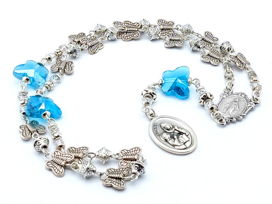 Saint Ann unique rosary beads prayer chaplet with silver butterfly and blue crystal beads, Miraculous medal centre and Saint Ann end medal.