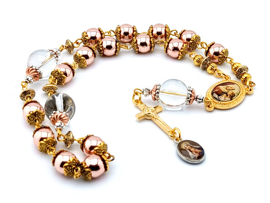 Saint Ann unique rosary beads prayer chaplet with gold hematite and crystal beads, gold picture centre medal and crucifix.