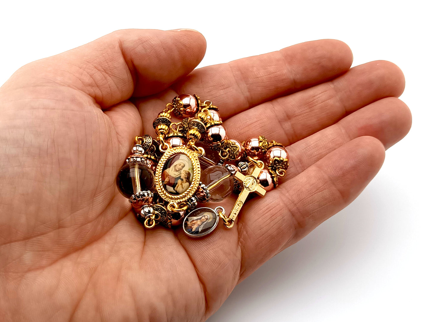 Saint Ann unique rosary beads prayer chaplet with gold hematite and crystal beads, gold picture centre medal and crucifix.