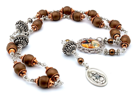 Saint Ann unique rosary beads prayer chaplet with bronze glass and silver beads, picture centre medal and silver end medal.