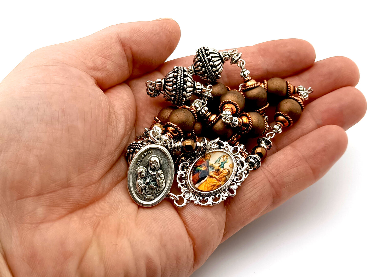Saint Ann unique rosary beads prayer chaplet with bronze glass and silver beads, picture centre medal and silver end medal.