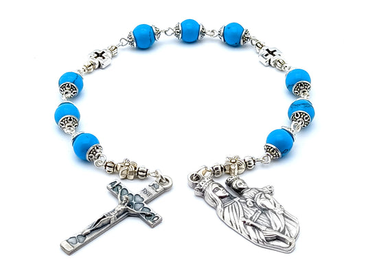 Our Lady of Mount Carmel unique rosary beads prayer chaplet with turquoise gemstone and silver cross beads, silver heart crucifix and end medal.