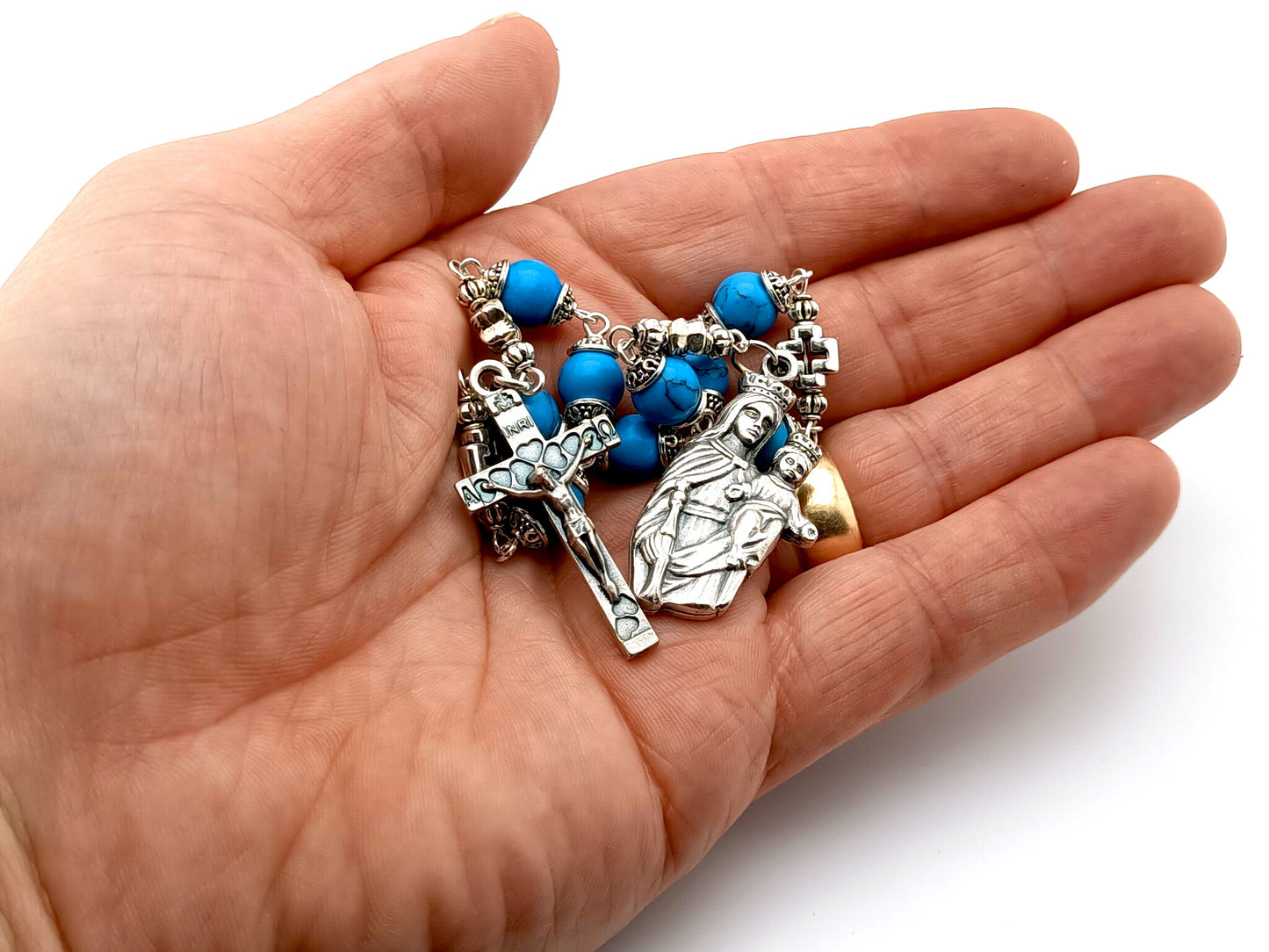 Our Lady of Mount Carmel unique rosary beads prayer chaplet with turquoise gemstone and silver cross beads, silver heart crucifix and end medal.