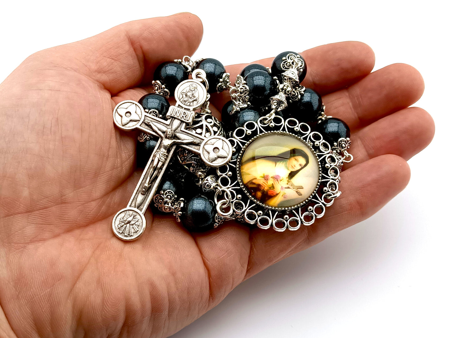 Saint Therese of Lisieux unique rosary beads prayer chaplet with gunmetal glass and silver beads, silver crucifix and picture centre medal.