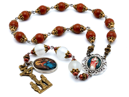 Saint Philomena unique rosary beads prayer chaplet with red jasper and white glass beads, bronze two Marys crucifix and silver picture centre medal.