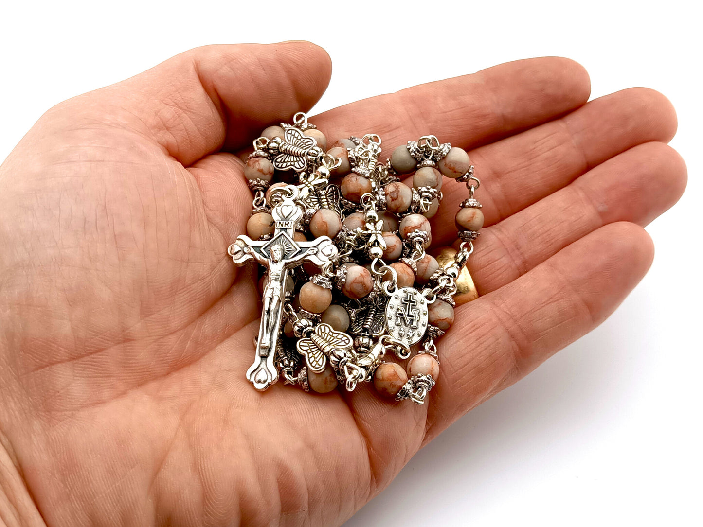 Miraculous Medal unique rosary beads with bloodstone and silver butterfly beads, silver crucifix and Miraculous medal centre.