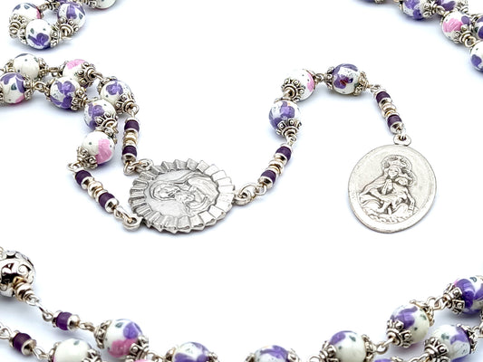 Our Lady of Sorrows unique rosary beads dolor rosary with porcelain and silver beads silver Our Lady medals.