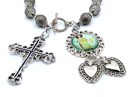 Saint Valentine unique rosary beads prayer chaplet with silver glass beads, silver cross, picture medal and two hearts medals.