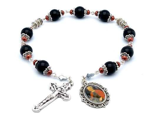 Saint Agatha unique rosary beads prayer chaplet with onyx gemstone beads, small silver crucifix and picture medal.
