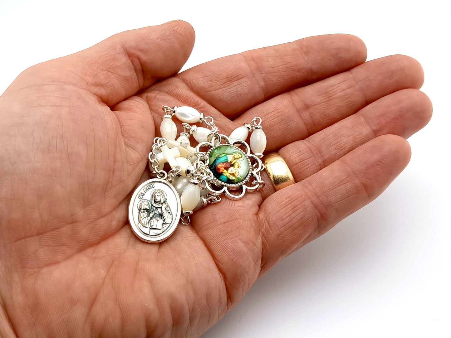 Saint Anne unique rosary beads prayer chaplet with mother of pearl rice and cross beads and silver picture centre medal.