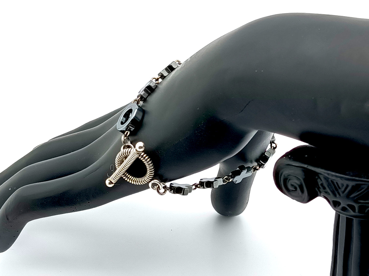 Hematite cross unique rosary beads single decade rosary bracelet with hematite cross beads and antique style toggle clasp.